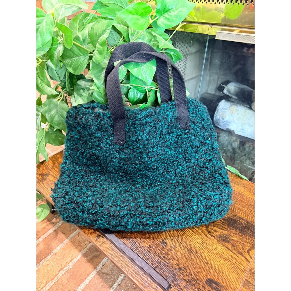 Tote Bag Women Green Black Bouclé Faux Shearling Snap Closure Large